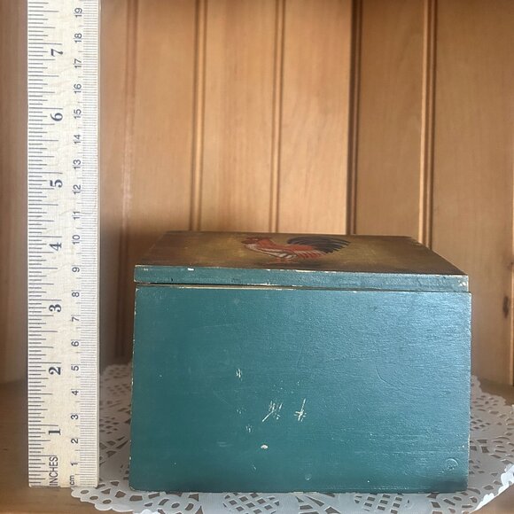 Vintage Hand Painted Rustic Wooden Recipe Box Green Rooster Storage Box Kitchen - Picture 4 of 7